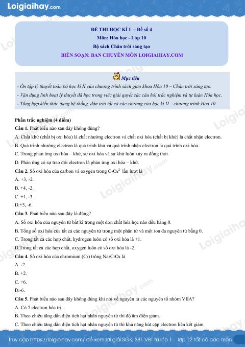 Đề thi học kì 2 Hóa 10 Chân trời sáng tạo - Đề 4